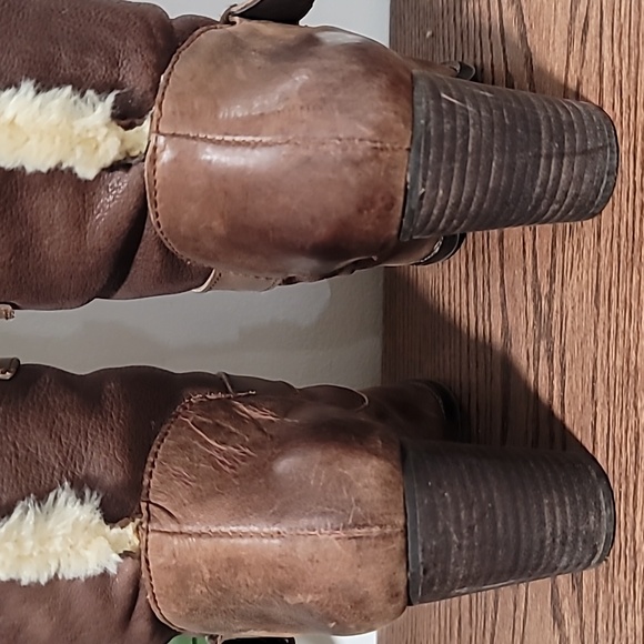 ❤️GIANNI BINI Brown Leather Straps Buckles Block Heel Furry Lined Boots Wo… - Picture 5 of 12